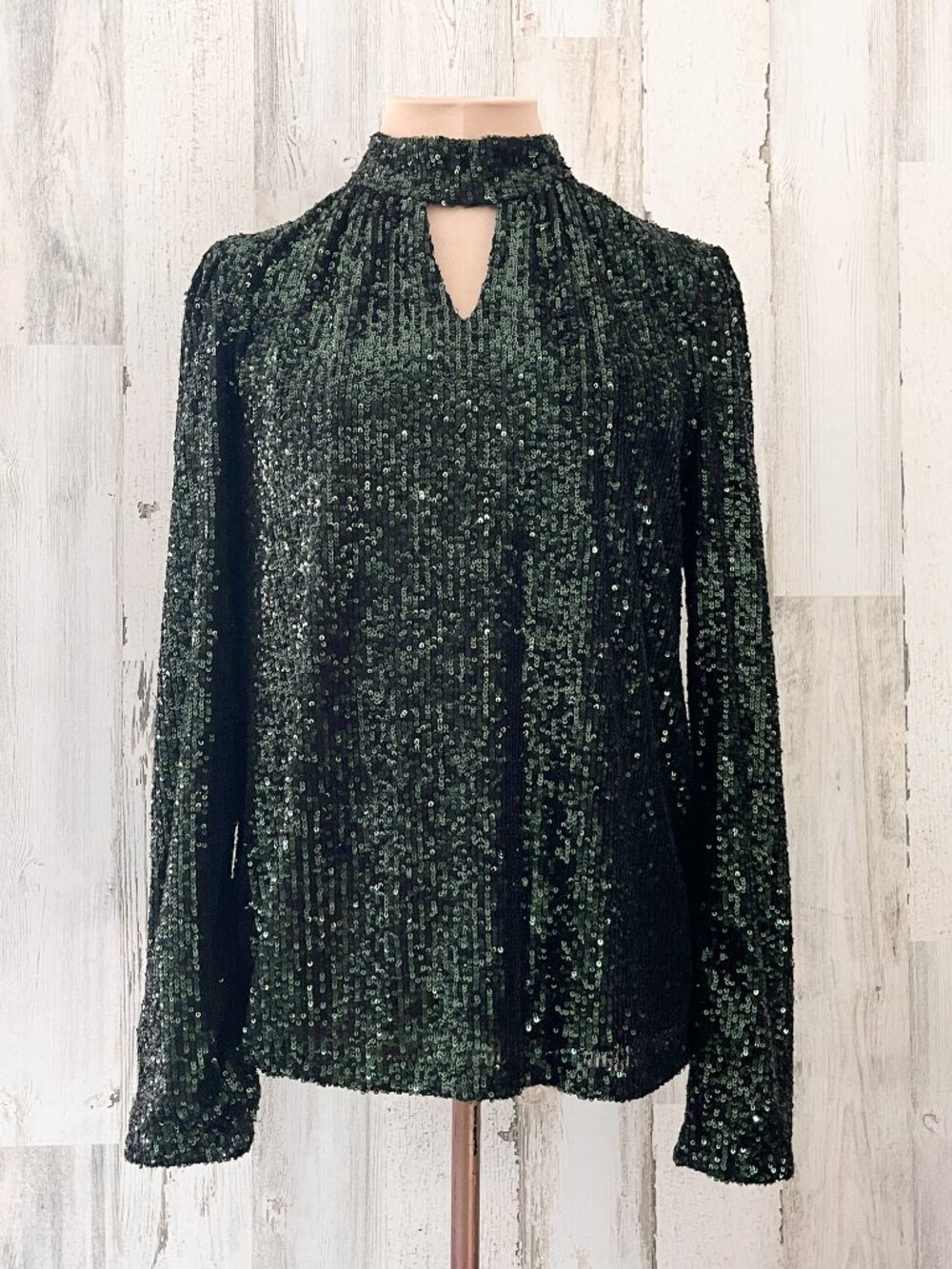 Green Sequin Sparkle Top Long Sleeve S High Neck Holiday Party Glam Mob Wife